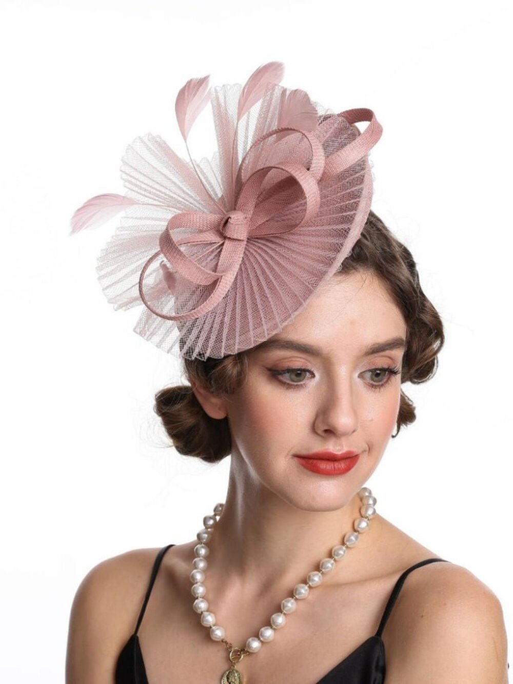 Women Fascinator Hair Clip Feather Flower Wedding Party Hat St24-Pink